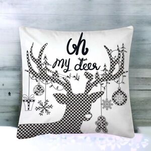 Pillow Cover Deer Christmas Zip Up Farmhouse White Black Plaid Large 17.7 in